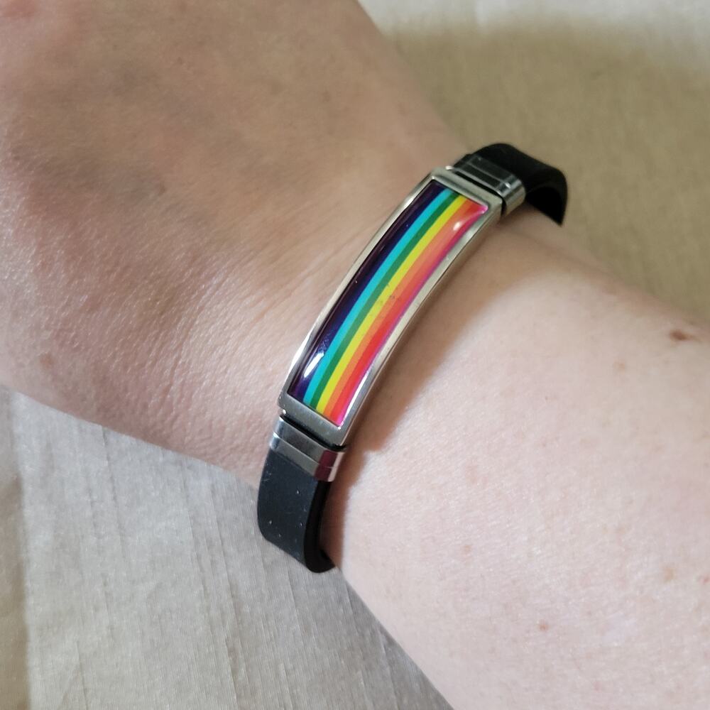Women's lgbt pride rainbow stainless steel & black silicone buckle bracelet